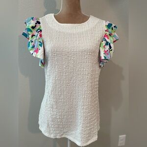 Unbranded White Textured Top with Colorful Ruffle Sleeves